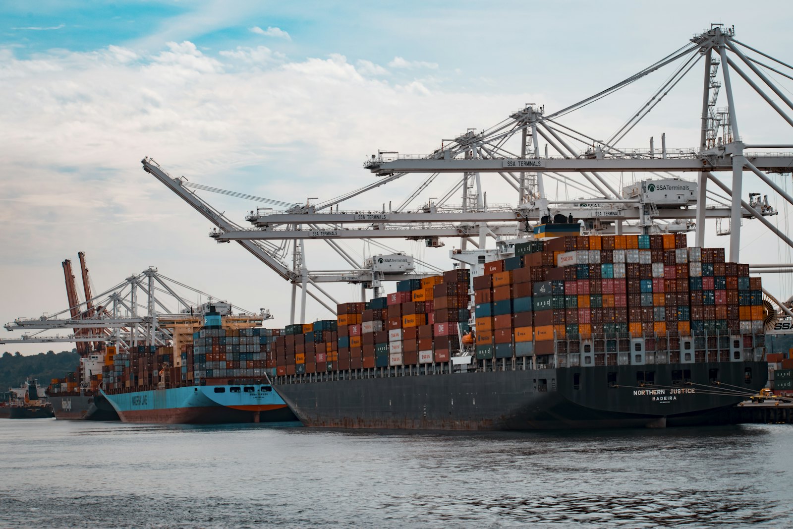 Container vessels alongside a terminal under gantry cranes